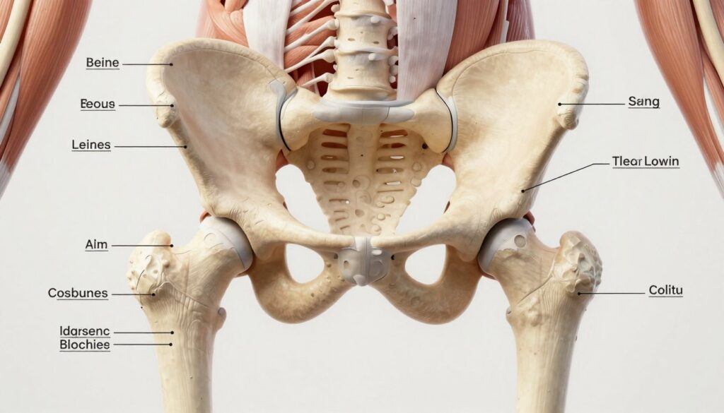 A detailed anatomical illustration of the hip joint, focusing on the pelvic region and femur, depicted in a medically accurate style. In the foreground, show a clear view of the hip joint anatomy, including ligaments and muscles, with labels for clarity. Use a light neutral background to highlight the subject, ensuring the hip joint structure stands out. Employ soft, focused lighting to create a clinical atmosphere, making sure shadows enhance depth without obscuring details. The image should be suitable for educational purposes, conveying a sense of professionalism and seriousness appropriate for a medical context. No human figures present; ensure the overall composition is clean and informative.