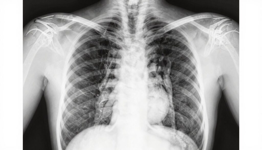 A detailed and clear depiction of a chest X-ray showing healthy lungs, oriented in a frontal view with a focus on distinct features like lung fields, heart silhouette, and diaphragm. The image captures the fine details of the rib cage and surrounding structures. Use soft, diffused lighting to enhance the clarity of the anatomical details, creating a clinical and informative atmosphere. The background should be a plain white or light gray, providing contrast to the X-ray for easy interpretation. Ensure that the X-ray appears medically accurate, with no additional elements or distractions. The composition should evoke a sense of professionalism and educational value.