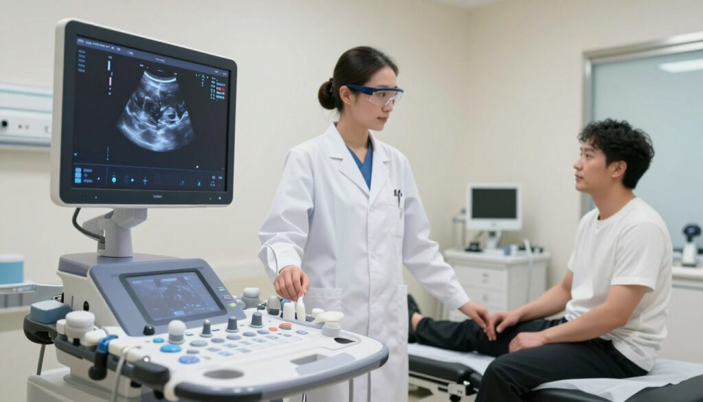 A detailed and scientifically accurate depiction of an RTG zatok (chest ultrasound) study in a modern medical facility. In the foreground, a well-equipped examination room with a state-of-the-art ultrasound machine, displaying a vivid digital screen showing detailed images of chest structures. In the middle, a healthcare professional in professional attire, such as a lab coat and safety goggles, preparing the equipment for an examination, and a patient seated on the examination table, looking calm and engaged. The background features soft, ambient lighting and clean, sterile medical instruments organized neatly. The atmosphere is clinical yet reassuring, emphasizing a sense of professionalism and trust in medical technology. The image captures the essence of diagnostic examination without any text or distractions. A detailed and scientifically accurate depiction of an RTG zatok (chest ultrasound) study in a modern medical facility. In the foreground, a well-equipped examination room with a state-of-the-art ultrasound machine, displaying a vivid digital screen showing detailed images of chest structures. In the middle, a healthcare professional in professional attire, such as a lab coat and safety goggles, preparing the equipment for an examination, and a patient seated on the examination table, looking calm and engaged. The background features soft, ambient lighting and clean, sterile medical instruments organized neatly. The atmosphere is clinical yet reassuring, emphasizing a sense of professionalism and trust in medical technology. The image captures the essence of diagnostic examination without any text or distractions.
