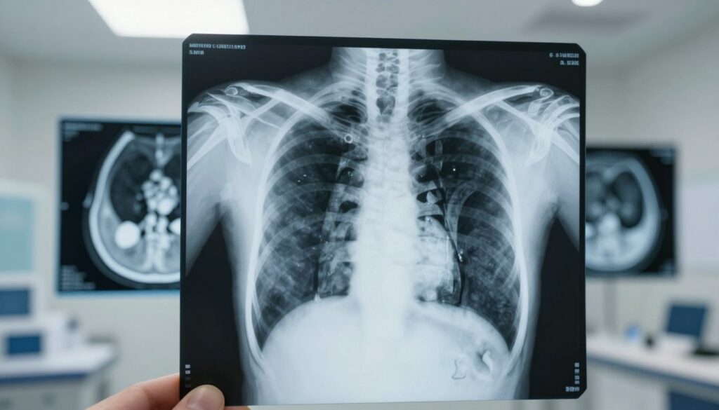 A detailed chest X-ray image in a clinical setting showcasing both the lungs and heart prominently in the foreground, with clearly visible ribs and any typical pathological changes. The X-ray view should be slightly angled to enhance depth, revealing the contours of the chest cavity. Soft but focused overhead lighting illuminates the image to emphasize the intricate details of the anatomy. In the middle ground, include a subtle representation of a comparison with a computer tomography scan, highlighting the differences in clarity and detail between the two imaging techniques. The background should be a neutral, clean medical environment, providing a professional and informative atmosphere, ideal for an educational purpose. A detailed chest X-ray image in a clinical setting showcasing both the lungs and heart prominently in the foreground, with clearly visible ribs and any typical pathological changes. The X-ray view should be slightly angled to enhance depth, revealing the contours of the chest cavity. Soft but focused overhead lighting illuminates the image to emphasize the intricate details of the anatomy. In the middle ground, include a subtle representation of a comparison with a computer tomography scan, highlighting the differences in clarity and detail between the two imaging techniques. The background should be a neutral, clean medical environment, providing a professional and informative atmosphere, ideal for an educational purpose.