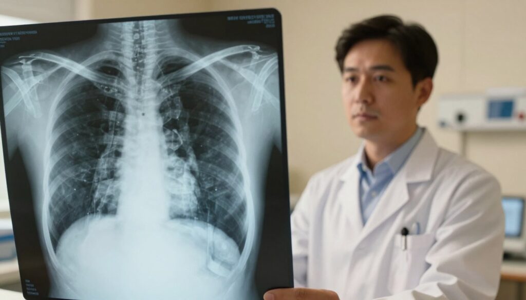 A detailed chest X-ray image, showcasing the intricate structures of the thoracic cavity including the heart, lungs, and major blood vessels. The foreground features the X-ray film, clearly displaying the defined shades of white and gray, representing bone and soft tissue. In the middle ground, a professional medical staff member, dressed in a clean white lab coat and modest attire, examines the X-ray on a lightbox, with a focused expression. The background includes a softly lit examination room with medical equipment, adding depth and context. The lighting is warm, evoking a clinical yet inviting atmosphere, and the angle captures both the X-ray and the attentive staff, emphasizing the process and attention in the examination. A detailed chest X-ray image, showcasing the intricate structures of the thoracic cavity including the heart, lungs, and major blood vessels. The foreground features the X-ray film, clearly displaying the defined shades of white and gray, representing bone and soft tissue. In the middle ground, a professional medical staff member, dressed in a clean white lab coat and modest attire, examines the X-ray on a lightbox, with a focused expression. The background includes a softly lit examination room with medical equipment, adding depth and context. The lighting is warm, evoking a clinical yet inviting atmosphere, and the angle captures both the X-ray and the attentive staff, emphasizing the process and attention in the examination.