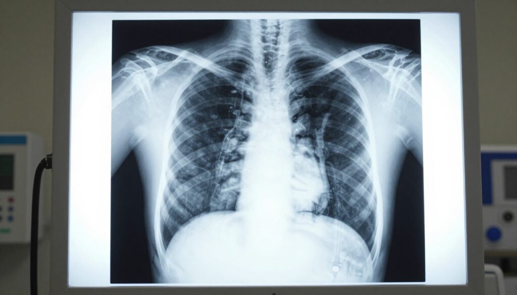 A detailed chest X-ray image showcasing the lungs, heart, and mediastinum, illustrating the anatomical structures clearly. In the foreground, visualize the X-ray film on a lightbox, emitting a soft glow that highlights intricate details of the ribs, heart silhouette, and lung fields. The middle layer includes subtle shadows and reflections on the lightbox for a realistic effect. In the background, softly blurred medical equipment and a neutral-toned wall evoke a clinical atmosphere, emphasizing the medical context. The lighting is bright and focused, creating a sterile and professional mood, indicative of a diagnostic environment. Capture the image with a clear focus to showcase the clarity of the X-ray details, ideal for educational purposes in medical diagnostics. A detailed chest X-ray image showcasing the lungs, heart, and mediastinum, illustrating the anatomical structures clearly. In the foreground, visualize the X-ray film on a lightbox, emitting a soft glow that highlights intricate details of the ribs, heart silhouette, and lung fields. The middle layer includes subtle shadows and reflections on the lightbox for a realistic effect. In the background, softly blurred medical equipment and a neutral-toned wall evoke a clinical atmosphere, emphasizing the medical context. The lighting is bright and focused, creating a sterile and professional mood, indicative of a diagnostic environment. Capture the image with a clear focus to showcase the clarity of the X-ray details, ideal for educational purposes in medical diagnostics.