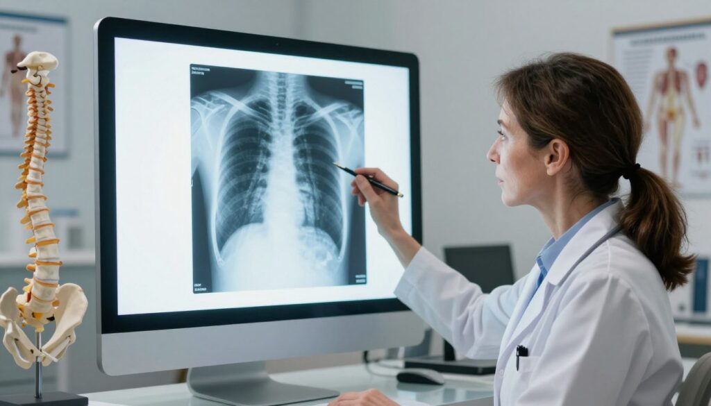 A detailed chest X-ray interpretation scene featuring a professional doctor analyzing a spinal X-ray displayed on a lightbox in a modern medical office. In the foreground, the doctor, a middle-aged Caucasian female in a white lab coat, is intently examining the X-ray, gesturing with a pen to highlight problem areas. The middle ground shows the lightbox illuminating the X-ray with clear visibility of vertebrae alignment and any abnormalities. The background includes medical charts and anatomical models of the spine, creating an informative atmosphere. Soft, focused lighting enhances the seriousness of the setting while maintaining a calm and professional mood, suitable for a medical diagnosis context.
