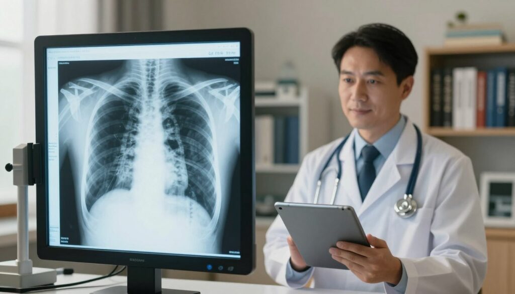 A detailed depiction of a chest X-ray displayed on a lightbox in a medical office. In the foreground, focus on the illuminated X-ray showing clear outlines of a human rib cage and lungs, emphasizing the intricate details of the skeletal structure. In the middle ground, include a confident medical professional in professional business attire examining the X-ray with an advanced tablet in their other hand, showcasing a blend of traditional and modern medical technology. The background features a well-organized medical environment, with shelves of medical books and equipment neatly arranged, under soft, diffused lighting that creates a calm and professional atmosphere. The setting should evoke a sense of trust and reliability in the medical field, using a balanced composition and warm tones. A detailed depiction of a chest X-ray displayed on a lightbox in a medical office. In the foreground, focus on the illuminated X-ray showing clear outlines of a human rib cage and lungs, emphasizing the intricate details of the skeletal structure. In the middle ground, include a confident medical professional in professional business attire examining the X-ray with an advanced tablet in their other hand, showcasing a blend of traditional and modern medical technology. The background features a well-organized medical environment, with shelves of medical books and equipment neatly arranged, under soft, diffused lighting that creates a calm and professional atmosphere. The setting should evoke a sense of trust and reliability in the medical field, using a balanced composition and warm tones.