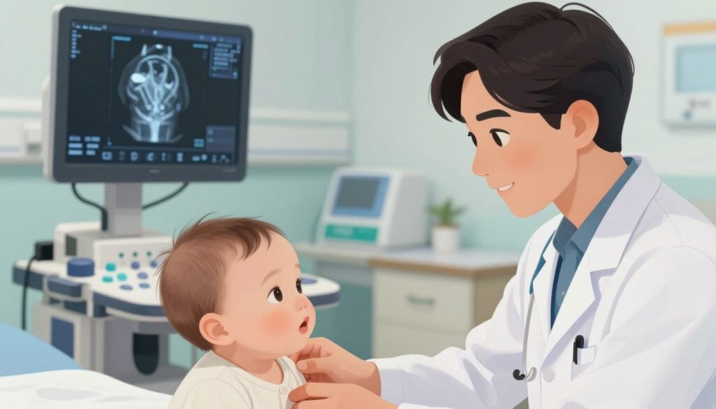 A detailed, educational illustration depicting common injuries and developmental disorders requiring imaging diagnostics in infants. In the foreground, a caring pediatrician in a white lab coat examines an infant with a reassuring expression. The middle ground features various medical imaging equipment, such as an X-ray machine, with clear digital displays showcasing skeletal structures and potential injuries. The background includes a hospital setting with soft, ambient lighting that creates a calm and professional atmosphere. The image should highlight the importance of early diagnosis and showcase the supportive environment of pediatric healthcare, using a close-up angle to focus on the patient-doctor interaction while maintaining a respectful and professional tone. A detailed, educational illustration depicting common injuries and developmental disorders requiring imaging diagnostics in infants. In the foreground, a caring pediatrician in a white lab coat examines an infant with a reassuring expression. The middle ground features various medical imaging equipment, such as an X-ray machine, with clear digital displays showcasing skeletal structures and potential injuries. The background includes a hospital setting with soft, ambient lighting that creates a calm and professional atmosphere. The image should highlight the importance of early diagnosis and showcase the supportive environment of pediatric healthcare, using a close-up angle to focus on the patient-doctor interaction while maintaining a respectful and professional tone.