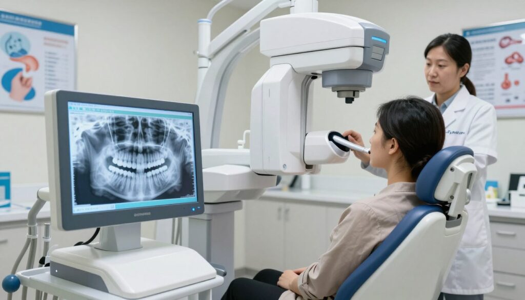 A detailed illustration of a dental panoramic X-ray imaging machine, prominently featuring a realistic depiction of a patient sitting in a professional dental clinic. The foreground showcases the machine's advanced technology with luminous screens displaying digital images of tooth structures and jaw anatomy. The middle features the patient, dressed in a modest, professional outfit, aligning their jaw comfortably within the apparatus. The background consists of a well-lit dental office environment with medical posters related to dental health on the wall and a dentist observing the procedure. Soft, clinical lighting enhances the sterile atmosphere, and the angle captures the full setup, emphasizing both the patient and the sophisticated equipment. The overall mood is professional and reassuring, reflecting the importance of dental health examinations. A detailed illustration of a dental panoramic X-ray imaging machine, prominently featuring a realistic depiction of a patient sitting in a professional dental clinic. The foreground showcases the machine's advanced technology with luminous screens displaying digital images of tooth structures and jaw anatomy. The middle features the patient, dressed in a modest, professional outfit, aligning their jaw comfortably within the apparatus. The background consists of a well-lit dental office environment with medical posters related to dental health on the wall and a dentist observing the procedure. Soft, clinical lighting enhances the sterile atmosphere, and the angle captures the full setup, emphasizing both the patient and the sophisticated equipment. The overall mood is professional and reassuring, reflecting the importance of dental health examinations.