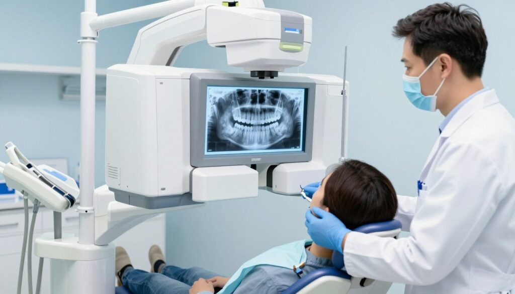 A detailed illustration of a dental radiographic imaging process, featuring a high-tech dental X-ray machine in the foreground, capturing an image of a patient's teeth. The scene should show a dentist in professional attire calmly operating the machine while the patient, dressed in modest casual clothing, is seated comfortably in a dental chair. In the middle ground, the X-ray film displays a clear, detailed view of the patient's dental anatomy, highlighting cavities and other dental conditions. In the background, a clean, modern dental office with soothing blue and white tones creates a professional atmosphere. The lighting should be bright yet soft, emphasizing cleanliness and technology, with a focus on the interaction between the dentist and patient, conveying a sense of trust and care in dental diagnostics. A detailed illustration of a dental radiographic imaging process, featuring a high-tech dental X-ray machine in the foreground, capturing an image of a patient's teeth. The scene should show a dentist in professional attire calmly operating the machine while the patient, dressed in modest casual clothing, is seated comfortably in a dental chair. In the middle ground, the X-ray film displays a clear, detailed view of the patient's dental anatomy, highlighting cavities and other dental conditions. In the background, a clean, modern dental office with soothing blue and white tones creates a professional atmosphere. The lighting should be bright yet soft, emphasizing cleanliness and technology, with a focus on the interaction between the dentist and patient, conveying a sense of trust and care in dental diagnostics.
