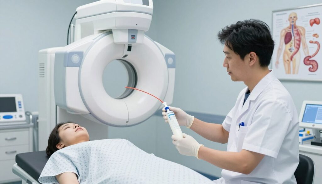 A detailed illustration of a medical imaging room set up for an esophagram. In the foreground, a radiology technician in professional attire prepares a contrast medium while discussing the procedure with a patient, who is dressed in a hospital gown. In the middle ground, a high-tech digital X-ray machine is positioned, angled to capture the esophagus clearly. Behind them, the room features anatomical diagrams of the esophagus and medical equipment, slightly out of focus to emphasize the technician and patient. Bright, clinical lighting illuminates the scene, creating a sterile and professional atmosphere, while subtle blue hues suggest calmness and trust. The perspective should reflect a welcoming environment, highlighting both the technology and the human interaction involved in preparing for the examination. A detailed illustration of a medical imaging room set up for an esophagram. In the foreground, a radiology technician in professional attire prepares a contrast medium while discussing the procedure with a patient, who is dressed in a hospital gown. In the middle ground, a high-tech digital X-ray machine is positioned, angled to capture the esophagus clearly. Behind them, the room features anatomical diagrams of the esophagus and medical equipment, slightly out of focus to emphasize the technician and patient. Bright, clinical lighting illuminates the scene, creating a sterile and professional atmosphere, while subtle blue hues suggest calmness and trust. The perspective should reflect a welcoming environment, highlighting both the technology and the human interaction involved in preparing for the examination.