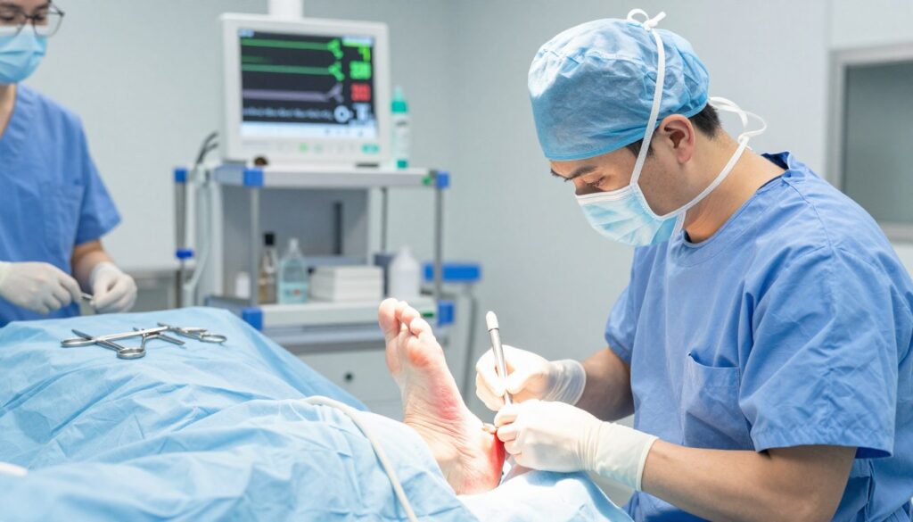 A detailed illustration of a medical professional performing a "plantar fascia surgery" in a bright, sterile operating room. In the foreground, a surgeon in scrubs and a mask carefully examines a foot on a surgical table, while focused on the plantar fascia area. In the middle ground, surgical instruments are neatly arranged, and a nurse assists with preparation. The background shows medical equipment and monitors displaying vital signs. Soft, bright lighting enhances the clean atmosphere, highlighting the precision of the procedure. The overall mood is professional and clinical, reflecting the seriousness of surgical intervention for heel pain. The angle is slightly overhead to capture both the surgical action and the intricacies of the operating theater.