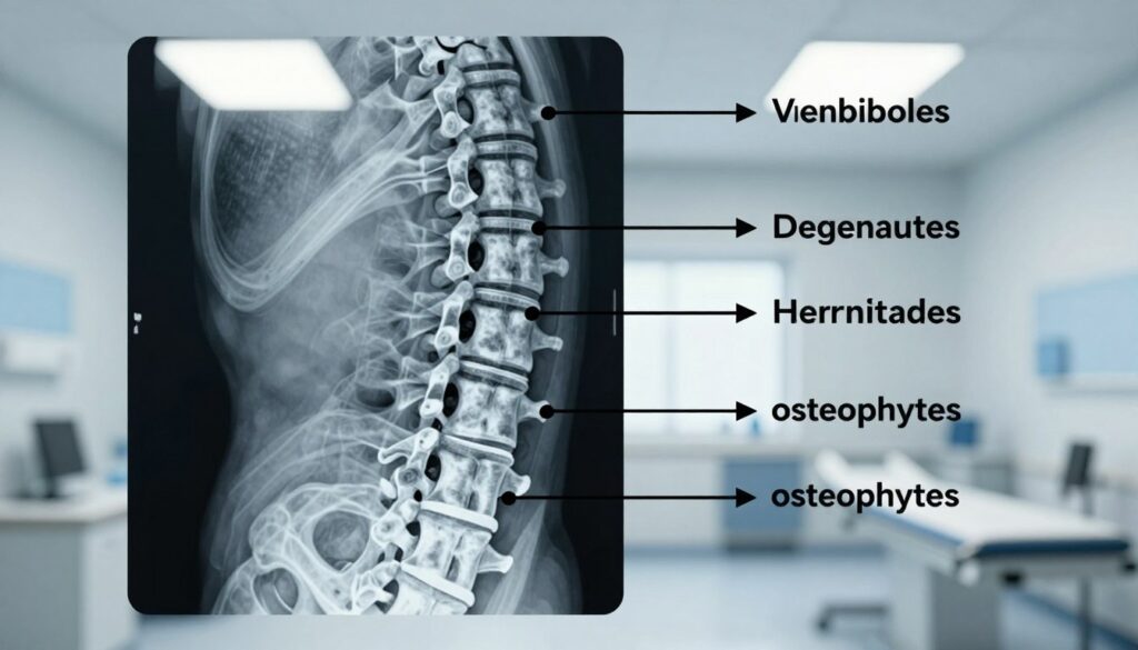 A detailed illustration of a radiographic image of the human spine, focusing on key concepts important in the description of an X-ray, such as vertebral bodies, intervertebral discs, and spinal alignment. The foreground features a clear X-ray depicted in sharp contrast, showing essential details like vertebral degeneration and disc spaces. In the middle ground, include labeled arrows pointing to significant areas of interest, such as herniated discs and osteophytes. The background can be a subtle medical office or radiology room, softly lit with fluorescent lighting to enhance the clinical atmosphere. The image should convey a professional and educational mood, suitable for a medical article, without any text or overlays.