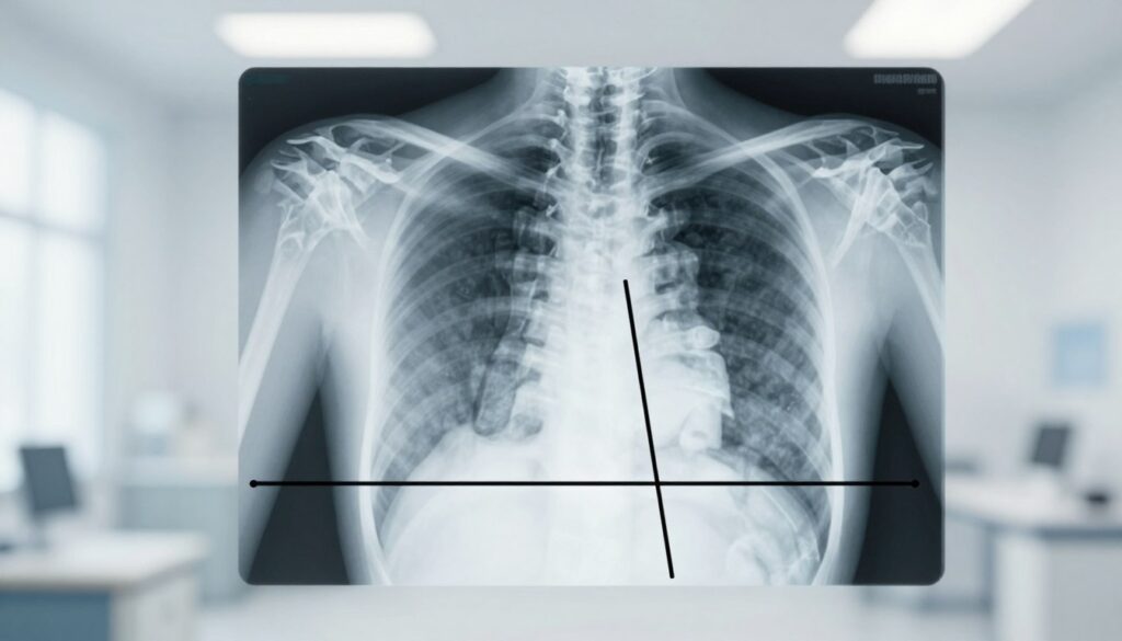 A detailed illustration of the Cobb angle measurement as seen in an X-ray image of a human spine, focused on the thoracic region. In the foreground, a diagrammatic representation highlights the two vertebrae forming the Cobb angle, with clear lines indicating the angle measured between them. The middle layer features a semi-transparent overlay of an actual X-ray of a spinal column showing scoliosis, emphasizing the curves present. The background includes a soft gradient of light gray, simulating a clinical setting to convey professionalism. The lighting is bright and even, mimicking a well-lit examination room. The overall mood is educational and informative, aimed at illustrating the significance of the Cobb angle in assessing spinal curvature.