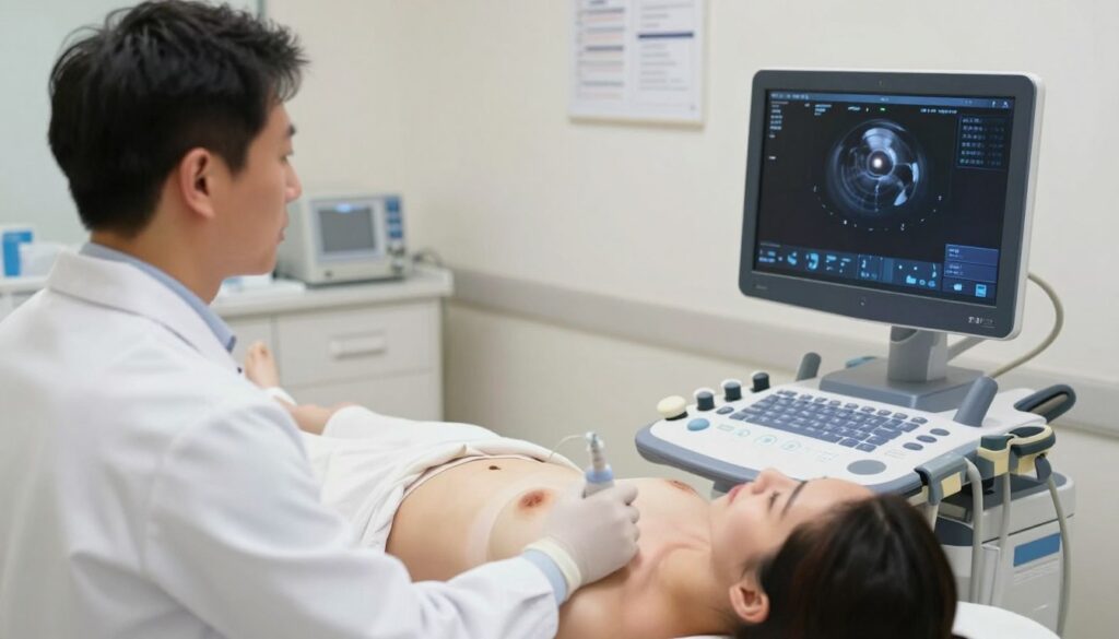 A detailed image of a medical professional performing an ultrasound biopsy on a breast in a clinical setting. In the foreground, the doctor, wearing a white lab coat and gloves, is focused on the ultrasound machine, which displays a clear imaging screen. The middle ground features a patient lying on an examination table, looking calm and reassured, with the doctor gently guiding the biopsy needle. The background showcases a well-lit examination room with medical charts and equipment visible, conveying a sterile and professional atmosphere. Soft, diffused lighting enhances the sense of trust and care, while maintaining a clean and respectful presentation of the medical procedure.