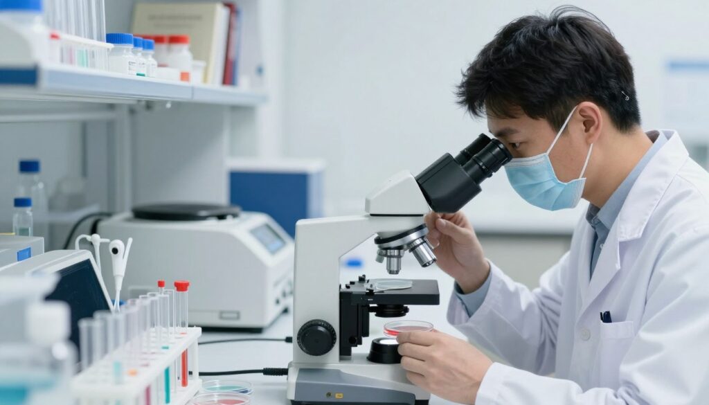 A detailed laboratory scene focused on bacteriological testing. In the foreground, a professional microbiologist, dressed in a crisp white lab coat, examines a Petri dish under an advanced microscope, with a thoughtful expression. The middle ground features various lab equipment, such as test tubes, serological pipettes, and a centrifuge, all well-organized on a clean, bright laboratory bench. Soft, diffused lighting illuminates the scene, highlighting the sterile environment, while a subtle blur suggests depth of field. In the background, shelves lined with labeled culture media and scientific textbooks create an atmosphere of serious research. The overall mood is one of precision and professionalism, emphasizing the importance of bacteriological studies in diagnosing respiratory diseases. A detailed laboratory scene focused on bacteriological testing. In the foreground, a professional microbiologist, dressed in a crisp white lab coat, examines a Petri dish under an advanced microscope, with a thoughtful expression. The middle ground features various lab equipment, such as test tubes, serological pipettes, and a centrifuge, all well-organized on a clean, bright laboratory bench. Soft, diffused lighting illuminates the scene, highlighting the sterile environment, while a subtle blur suggests depth of field. In the background, shelves lined with labeled culture media and scientific textbooks create an atmosphere of serious research. The overall mood is one of precision and professionalism, emphasizing the importance of bacteriological studies in diagnosing respiratory diseases.