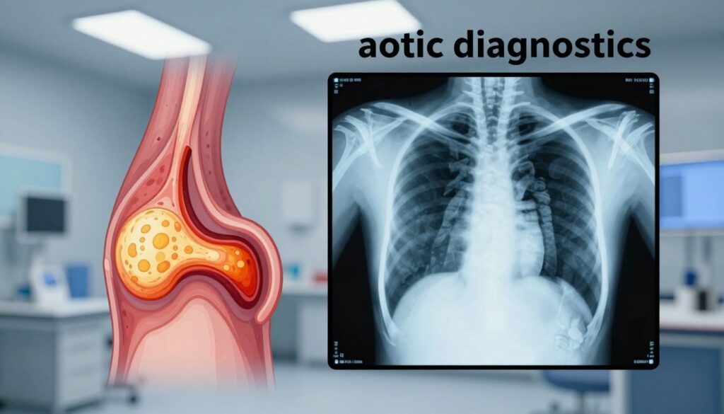 A detailed medical illustration focusing on "aortic diagnostics" in the context of chest X-rays. In the foreground, display a digital interpretation of an aorta showing signs of atherosclerosis, highlighted in vivid colors to illustrate plaque buildup and narrowing. In the middle ground, include an X-ray image of a human chest, emphasizing the aorta and surrounding anatomical structures, with clear contrast between healthy and affected areas. The background should feature a softly blurred medical environment, like a radiology room, with subtle instrumentation and overhead lighting casting a clinical yet educational glow. The atmosphere should convey a sense of professionalism and seriousness, suitable for a medical audience. Aim for a well-structured and informative composition without any captions or text overlays. A detailed medical illustration focusing on "aortic diagnostics" in the context of chest X-rays. In the foreground, display a digital interpretation of an aorta showing signs of atherosclerosis, highlighted in vivid colors to illustrate plaque buildup and narrowing. In the middle ground, include an X-ray image of a human chest, emphasizing the aorta and surrounding anatomical structures, with clear contrast between healthy and affected areas. The background should feature a softly blurred medical environment, like a radiology room, with subtle instrumentation and overhead lighting casting a clinical yet educational glow. The atmosphere should convey a sense of professionalism and seriousness, suitable for a medical audience. Aim for a well-structured and informative composition without any captions or text overlays.
