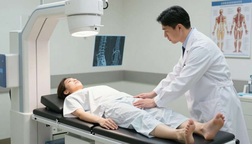 A detailed medical illustration of a lumbar spine X-ray preparation scene. In the foreground, a medical professional in a white lab coat is demonstrating how to position a patient, who is wearing modest hospital attire, on an X-ray examination table. The middle ground features a modern X-ray machine with bright, focused lighting illuminating the area. The background shows a clinical setting with medical charts and anatomy posters of the human spine. Soft, neutral lighting creates a calm atmosphere, emphasizing professionalism and care. The composition highlights the importance of proper preparation for lumbar spine X-rays without including any text or distractions. A detailed medical illustration of a lumbar spine X-ray preparation scene. In the foreground, a medical professional in a white lab coat is demonstrating how to position a patient, who is wearing modest hospital attire, on an X-ray examination table. The middle ground features a modern X-ray machine with bright, focused lighting illuminating the area. The background shows a clinical setting with medical charts and anatomy posters of the human spine. Soft, neutral lighting creates a calm atmosphere, emphasizing professionalism and care. The composition highlights the importance of proper preparation for lumbar spine X-rays without including any text or distractions.