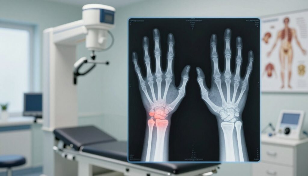A detailed medical illustration of an X-ray of a human hand showcasing various injuries, such as fractures and soft tissue damage. The foreground features a clear, well-defined X-ray image of a hand, highlighting both left and right views for comparison. The middle ground includes a soft-focus background of a modern medical examination room with diagnostic equipment like X-ray machines and anatomical charts on the walls, creating an atmosphere of a professional healthcare setting. Natural and ambient lighting illuminate the scene, ensuring the X-ray details are highlighted. Use a slight angle to convey depth, making the hand the focal point while maintaining clarity in its anatomical structure. The overall mood is clinical, informative, and educational.