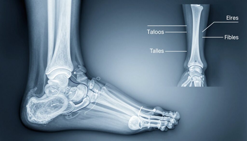 A detailed medical illustration of an ankle joint, specifically focusing on an X-ray view showcasing a sprained ankle. The foreground displays a clear, illuminated X-ray image emphasizing the bones and ligaments around the ankle. Include subtle highlighting of any potential fractures or damages, ensuring a clear contrast against a dark background. The middle area features a magnified section of the ankle illustrating an anatomical overlay, with labels pointing to key structures like the talus and fibula. The background should be a soft gradient to create a calm, professional atmosphere. Use a cool color palette with soft blue tones to evoke a clinical sense of precision. The entire composition should convey an educational yet serious mood, suitable for a medical or academic context.