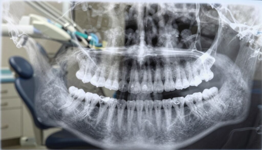 A detailed panoramic X-ray image of human teeth in a clinical setting, showcasing the intricate structure of the dental arch. In the foreground, the focus is on a variety of teeth with emphases on their surfaces and roots, illuminated by soft, natural light to highlight their details. In the middle ground, a dental chair and equipment are faintly visible, suggesting a dental examination environment. The background features neutral-colored walls and dental cabinets, enhancing the sterile and professional atmosphere of the space. The overall mood is calm and clinical, emphasizing thoroughness and care in the dental examination process, captured from a slightly elevated angle to provide a comprehensive view of the teeth arrangement. A detailed panoramic X-ray image of human teeth in a clinical setting, showcasing the intricate structure of the dental arch. In the foreground, the focus is on a variety of teeth with emphases on their surfaces and roots, illuminated by soft, natural light to highlight their details. In the middle ground, a dental chair and equipment are faintly visible, suggesting a dental examination environment. The background features neutral-colored walls and dental cabinets, enhancing the sterile and professional atmosphere of the space. The overall mood is calm and clinical, emphasizing thoroughness and care in the dental examination process, captured from a slightly elevated angle to provide a comprehensive view of the teeth arrangement.