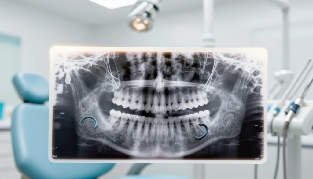 A detailed pantomogram image showcasing a child's dental X-ray. In the foreground, a clear, high-resolution panoramic view of a child's dental arch, prominently featuring the baby teeth, including incisors, canines, and molars. The middle layer should display a digital representation of the X-ray film, with a light glowing softly from behind to enhance visibility of tooth structures. In the background, a clean, modern dental clinic setting with soft, indirect lighting to create a calm atmosphere. Include elements like dental tools and equipment subtly placed to emphasize professionalism. The mood should be reassuring and clinical, suitable for a pediatric dental environment, with gentle colors like white and light blue to evoke trust and cleanliness. A detailed pantomogram image showcasing a child's dental X-ray. In the foreground, a clear, high-resolution panoramic view of a child's dental arch, prominently featuring the baby teeth, including incisors, canines, and molars. The middle layer should display a digital representation of the X-ray film, with a light glowing softly from behind to enhance visibility of tooth structures. In the background, a clean, modern dental clinic setting with soft, indirect lighting to create a calm atmosphere. Include elements like dental tools and equipment subtly placed to emphasize professionalism. The mood should be reassuring and clinical, suitable for a pediatric dental environment, with gentle colors like white and light blue to evoke trust and cleanliness.