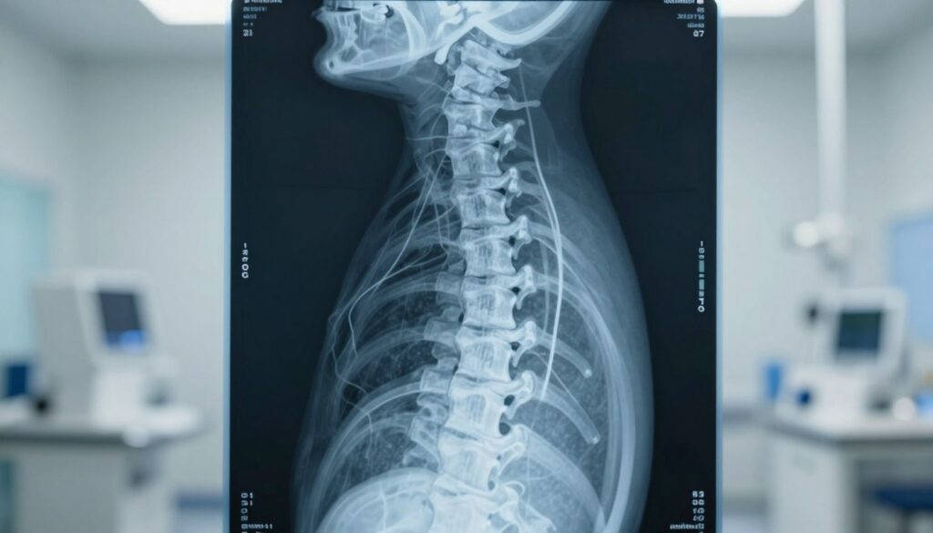 A detailed radiographic image of a cervical spine X-ray, showcasing the vertebral column in high resolution. In the foreground, focus on the clear, well-aligned cervical vertebrae from C1 to C7, highlighting intervertebral discs and the relationship between them. The middle section should display anatomical details such as nerve roots and surrounding soft tissues. In the background, use a softly blurred medical imaging room, featuring diagnostic equipment and a subtle gradient that suggests clinical professionalism. The lighting should be bright and clinical, mimicking the illuminated environment of a radiology lab, with a focus on the X-ray film to enhance its clarity and detail. Aim for a calm and informative atmosphere, ideal for educational purposes. A detailed radiographic image of a cervical spine X-ray, showcasing the vertebral column in high resolution. In the foreground, focus on the clear, well-aligned cervical vertebrae from C1 to C7, highlighting intervertebral discs and the relationship between them. The middle section should display anatomical details such as nerve roots and surrounding soft tissues. In the background, use a softly blurred medical imaging room, featuring diagnostic equipment and a subtle gradient that suggests clinical professionalism. The lighting should be bright and clinical, mimicking the illuminated environment of a radiology lab, with a focus on the X-ray film to enhance its clarity and detail. Aim for a calm and informative atmosphere, ideal for educational purposes.