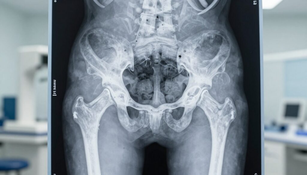 A detailed radiographic image of a hip joint (rtg stawu biodrowego) displayed prominently in the foreground. The hip joint should be depicted from an anterior-posterior view, showcasing clear details of the acetabulum, femoral head, and surrounding bone structures, with emphasis on the joint space and any potential signs of degeneration. The middle ground features a subtle gradient to enhance the focus on the hip radiograph, while a softly blurred clinical background suggests a medical environment with equipment, like an x-ray machine, subtly out of focus. The scene is lit with bright, clinical lighting to ensure clarity and highlight the contours of the bones. The overall mood is educational and professional, suitable for a medical publication.