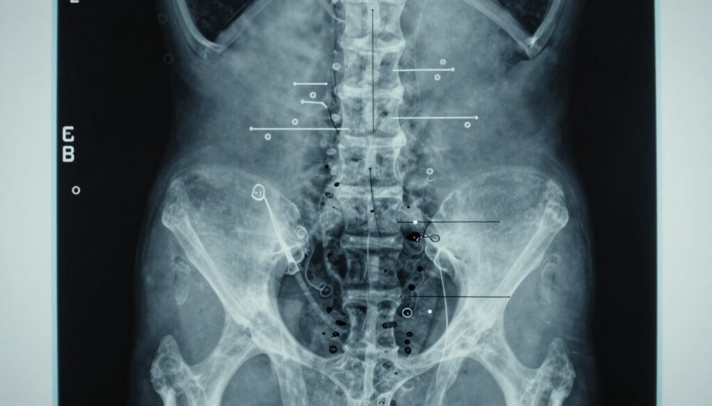 A detailed radiographic image of a lumbar spine X-ray, focusing on the lumbosacral region. In the foreground, visualize the clear outline of the vertebrae, intervertebral discs, and sacrum, showcasing their anatomical structure. The middle ground features diagnostic markers for observations, such as outlines indicating healthy alignment versus signs of degeneration. The background is subtly blurred to emphasize the X-ray film, with soft, cool lighting that highlights the bony structures while creating a clinical atmosphere. The camera angle should be straight-on to enhance depth perception and clarity of the spinal column. The overall mood is professional and informative, suitable for medical illustration.