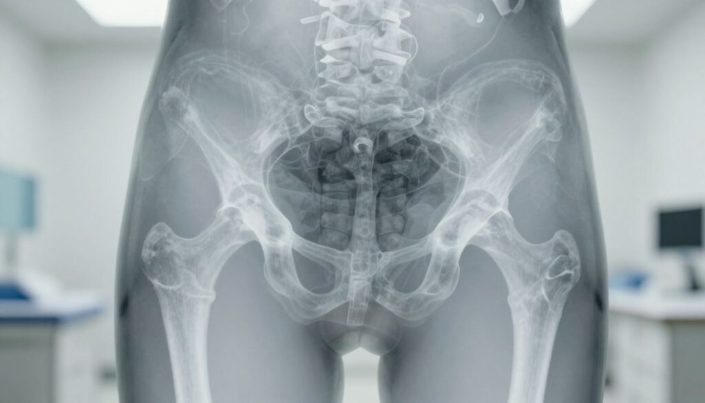 A detailed radiographic image of the human coccyx (tailbone) as seen in an X-ray. In the foreground, focus on the clear, high-contrast view of the coccyx, showing its anatomy with visible vertebrae and surrounding structures. In the middle ground, include subtle hints of surrounding pelvis bones for context, lightly blurred to maintain attention on the coccyx. The background should be a softly lit medical room environment, offering a clean and professional atmosphere. Use a neutral color palette with soft whites and grays to convey a sterile clinical setting. The image should depict a sense of seriousness and professionalism, akin to a medical examination, with clear lighting emphasizing the details of the X-ray while avoiding any human presence.