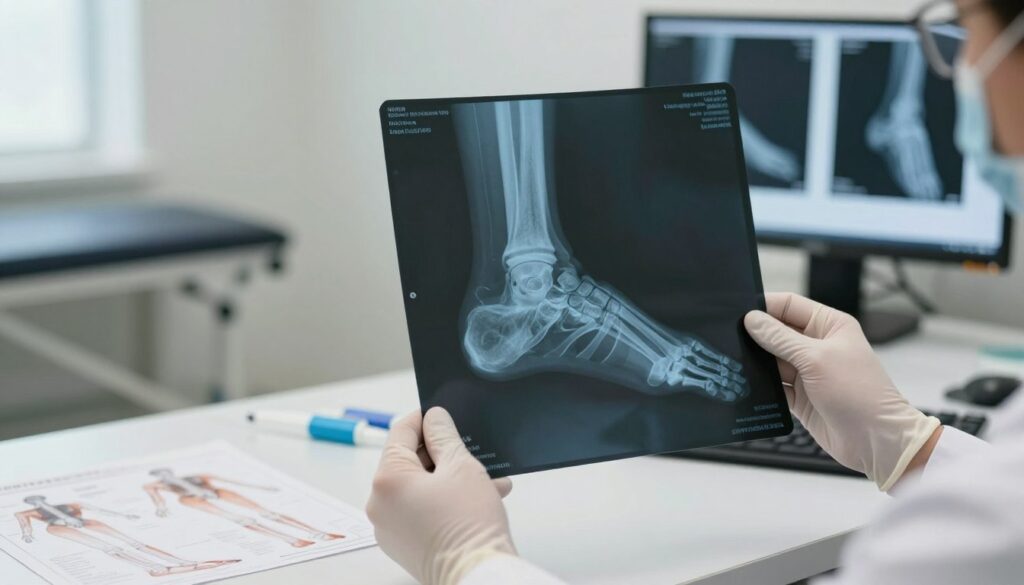 A detailed radiological interpretation scene showcasing a healthy heel bone (calcaneus) on an X-ray film. In the foreground, a pair of hands in sterile gloves holding the X-ray, examining the sharp, clear outlines of the bone structure. The middle ground features a lightly blurred medical desk with anatomical charts of the foot and various radiology tools, giving context to the setting. The background includes a softly lit examination room with neutral colors and a medical monitor displaying additional images of the heel. The lighting is bright yet diffused, creating a clinical atmosphere. The overall mood conveys professionalism and expertise, emphasizing the role of the radiologist in interpreting the results accurately.