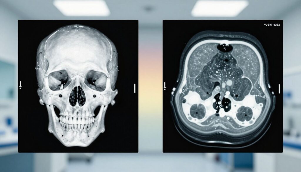 A detailed side-by-side comparison of a skull X-ray and a CT scan image displayed prominently. In the foreground, the skull X-ray should feature clear, contrasting white bone structures set against a black background, highlighting key areas such as the jaw and eye socket. Adjacent to it, the CT scan should show a more intricate, digitally-rendered image with color gradients revealing soft tissue and bone details. The middle ground should include a subtle gradient transition to signify technological advancement from X-ray to CT scan. The background is elegantly blurred, creating a sterile, clinical environment with soft, diffused overhead lighting that enhances the objects' visibility and draws the viewer's attention. The overall mood is informative and professional, suited for a medical context. A detailed side-by-side comparison of a skull X-ray and a CT scan image displayed prominently. In the foreground, the skull X-ray should feature clear, contrasting white bone structures set against a black background, highlighting key areas such as the jaw and eye socket. Adjacent to it, the CT scan should show a more intricate, digitally-rendered image with color gradients revealing soft tissue and bone details. The middle ground should include a subtle gradient transition to signify technological advancement from X-ray to CT scan. The background is elegantly blurred, creating a sterile, clinical environment with soft, diffused overhead lighting that enhances the objects' visibility and draws the viewer's attention. The overall mood is informative and professional, suited for a medical context.