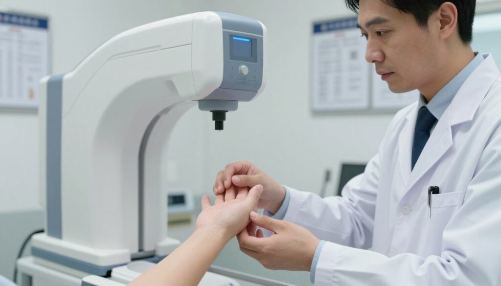 A detailed, step-by-step medical examination of a hand, focusing on an X-ray procedure. The foreground features a close-up of a professional in white lab coat, attentively positioning a patient’s hand on the X-ray machine. The mid-background shows the X-ray machine itself, designed with modern features, emitting a soft blue light. The room is bright and sterile, with medical charts and equipment neatly arranged, conveying a clinical atmosphere. Soft, diffused lighting highlights the important components without harsh shadows. The angle captures both the hand and the technician’s focused expression, emphasizing professionalism and care in a medical setting. A detailed, step-by-step medical examination of a hand, focusing on an X-ray procedure. The foreground features a close-up of a professional in white lab coat, attentively positioning a patient’s hand on the X-ray machine. The mid-background shows the X-ray machine itself, designed with modern features, emitting a soft blue light. The room is bright and sterile, with medical charts and equipment neatly arranged, conveying a clinical atmosphere. Soft, diffused lighting highlights the important components without harsh shadows. The angle captures both the hand and the technician’s focused expression, emphasizing professionalism and care in a medical setting.