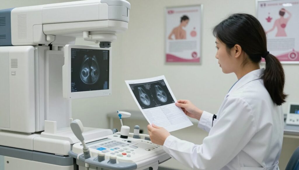 A detailed view of a mammography machine in a clinical setting, featuring a clean and organized medical room. In the foreground, focus on the machine, showcasing its intricate controls and clear imaging plates. The middle ground includes a healthcare professional in a white lab coat, positioned alongside the machine, attentively reviewing a printed report displaying breast imaging results. Her expression is focused and professional. The background features soft, ambient lighting to create a calm atmosphere, with medical posters on the walls about breast health and awareness. The image captures a sense of diligence and care in the process of checking mammography results. A detailed view of a mammography machine in a clinical setting, featuring a clean and organized medical room. In the foreground, focus on the machine, showcasing its intricate controls and clear imaging plates. The middle ground includes a healthcare professional in a white lab coat, positioned alongside the machine, attentively reviewing a printed report displaying breast imaging results. Her expression is focused and professional. The background features soft, ambient lighting to create a calm atmosphere, with medical posters on the walls about breast health and awareness. The image captures a sense of diligence and care in the process of checking mammography results.
