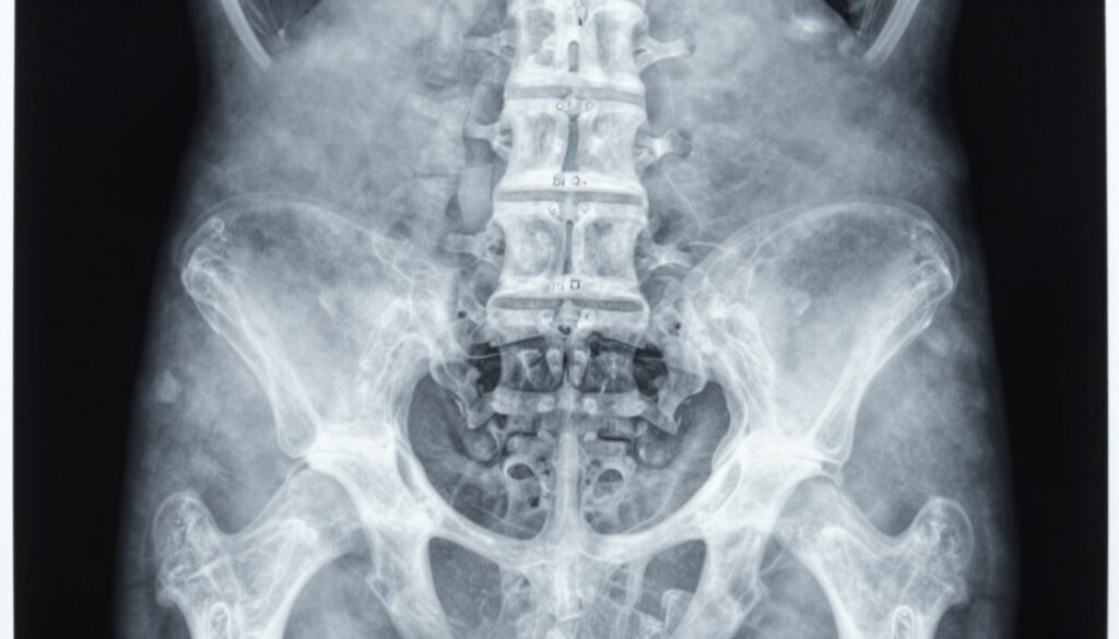 A detailed view of an X-ray image of the lumbar-sacral region of the spine, showcasing the vertebrae and intervertebral discs with clarity. The foreground features a well-defined silhouette of the spine, emphasizing the L4-L5 and L5-S1 segments. The middle ground should illustrate the surrounding anatomical structures like the pelvis, while the background is softly blurred to focus on the spine. Ideal lighting should resemble a clinical environment, with a subtle glow highlighting the X-ray film. Use a flat perspective to enhance the technical nature of the image, aiming for a precise and educational feel. The overall atmosphere should convey professionalism and an informative tone, suitable for a medical article. A detailed view of an X-ray image of the lumbar-sacral region of the spine, showcasing the vertebrae and intervertebral discs with clarity. The foreground features a well-defined silhouette of the spine, emphasizing the L4-L5 and L5-S1 segments. The middle ground should illustrate the surrounding anatomical structures like the pelvis, while the background is softly blurred to focus on the spine. Ideal lighting should resemble a clinical environment, with a subtle glow highlighting the X-ray film. Use a flat perspective to enhance the technical nature of the image, aiming for a precise and educational feel. The overall atmosphere should convey professionalism and an informative tone, suitable for a medical article.