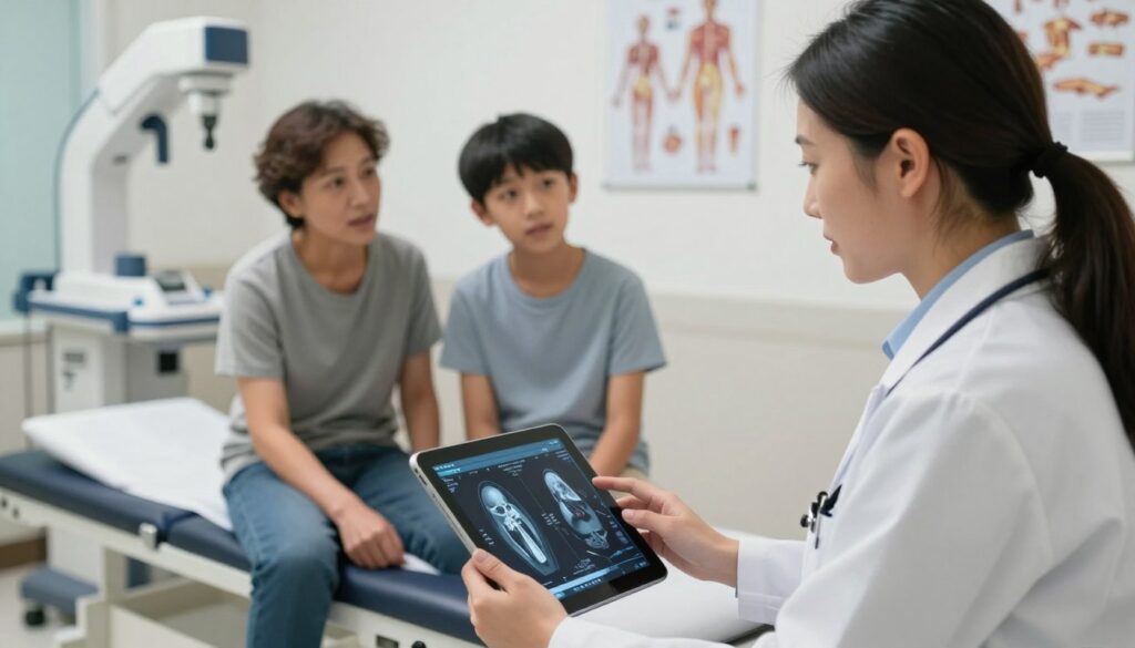 A family doctor in a modern clinic setting, focused on conducting an imaging consultation with a patient. In the foreground, a supportive physician in a white coat, looking attentively at a digital medical chart on a tablet, with anatomical images displayed. In the middle ground, a patient, dressed in modest casual clothing, sitting on an examination table, appearing engaged and curious. The background features medical equipment like an X-ray machine and anatomical posters on the walls. Soft, warm lighting enhances the atmosphere of professionalism and care, while a shallow depth of field emphasizes the interaction between the doctor and patient. The image conveys trust, expertise, and a healing environment. A family doctor in a modern clinic setting, focused on conducting an imaging consultation with a patient. In the foreground, a supportive physician in a white coat, looking attentively at a digital medical chart on a tablet, with anatomical images displayed. In the middle ground, a patient, dressed in modest casual clothing, sitting on an examination table, appearing engaged and curious. The background features medical equipment like an X-ray machine and anatomical posters on the walls. Soft, warm lighting enhances the atmosphere of professionalism and care, while a shallow depth of field emphasizes the interaction between the doctor and patient. The image conveys trust, expertise, and a healing environment.