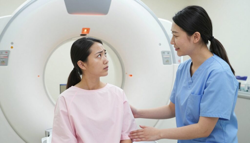 A female patient in a modest medical gown, sitting in a brightly lit, modern mammography room. The medical technician, dressed in scrubs, is gently explaining the procedure, conveying a supportive atmosphere. The foreground shows the patient's apprehensive expression, while the technician's reassuring smile offers comfort. In the background, the advanced mammography machine is visible, with soft yet bright overhead lighting creating a clinical but welcoming ambiance. The color palette consists of calming whites and soft pastel shades to evoke a sense of tranquility. The angle is slightly from above, capturing both subjects' facial expressions while emphasizing the high-tech environment. The overall mood conveys empathy, professionalism, and the importance of breast health awareness. A female patient in a modest medical gown, sitting in a brightly lit, modern mammography room. The medical technician, dressed in scrubs, is gently explaining the procedure, conveying a supportive atmosphere. The foreground shows the patient's apprehensive expression, while the technician's reassuring smile offers comfort. In the background, the advanced mammography machine is visible, with soft yet bright overhead lighting creating a clinical but welcoming ambiance. The color palette consists of calming whites and soft pastel shades to evoke a sense of tranquility. The angle is slightly from above, capturing both subjects' facial expressions while emphasizing the high-tech environment. The overall mood conveys empathy, professionalism, and the importance of breast health awareness.