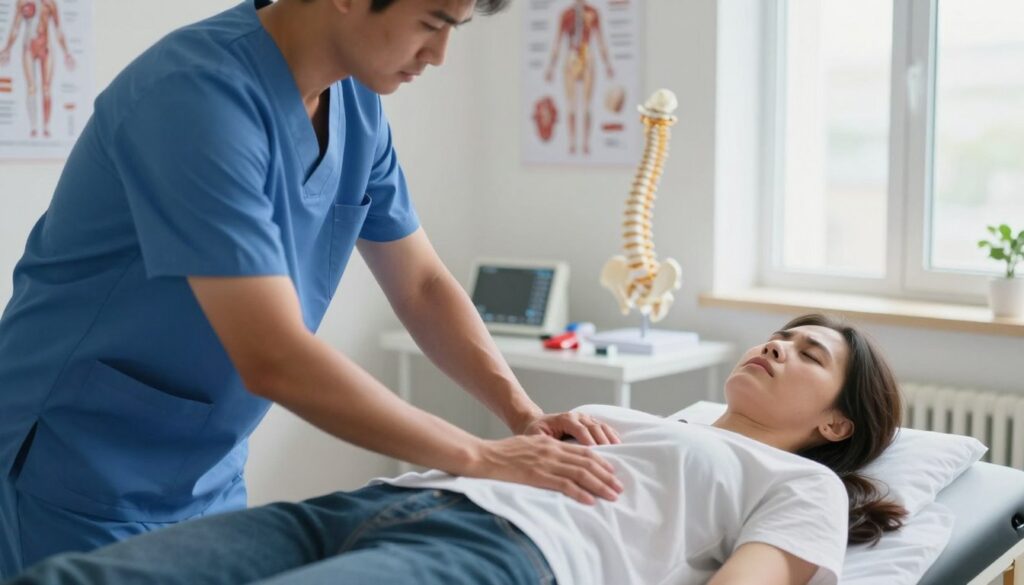 A focused image illustrating emergency first aid for acute back pain caused by a herniated disk. In the foreground, a healthcare professional wearing a blue scrubs, providing assistance to a patient lying on a treatment table, with a concerned expression. The middle ground shows a medical examination room, equipped with an anatomical model of the spine and medical tools. The background includes posters of spinal anatomy on the walls and soft, natural light streaming through a window, creating a calm and supportive atmosphere. The scene captures a moment of care and professionalism, emphasizing the urgency yet compassion in handling acute pain incidents. Use a slightly angled perspective to create depth, enhancing the sense of action and interaction. A focused image illustrating emergency first aid for acute back pain caused by a herniated disk. In the foreground, a healthcare professional wearing a blue scrubs, providing assistance to a patient lying on a treatment table, with a concerned expression. The middle ground shows a medical examination room, equipped with an anatomical model of the spine and medical tools. The background includes posters of spinal anatomy on the walls and soft, natural light streaming through a window, creating a calm and supportive atmosphere. The scene captures a moment of care and professionalism, emphasizing the urgency yet compassion in handling acute pain incidents. Use a slightly angled perspective to create depth, enhancing the sense of action and interaction.