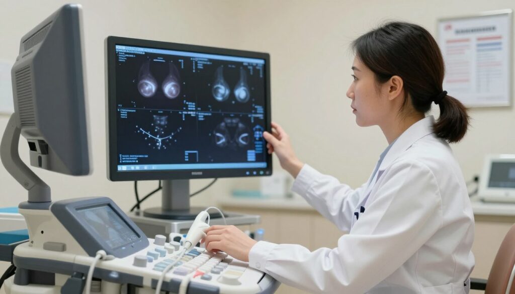 A focused medical setting in a well-lit radiology room, featuring a female radiologist in a professional white coat, reviewing imaging results on a large screen. In the foreground, a high-resolution ultrasound machine with a probe and gel is visible, symbolizing the additional imaging techniques used in breast examinations. The middle ground reveals a detailed digital display of breast imaging scans, showcasing various angles and details for diagnosis. In the background, medical charts and soft ambient lighting create a calm atmosphere. The radiologist appears diligent and attentive, projecting a mood of seriousness and professionalism, emphasizing the importance of further diagnostics in breast health.