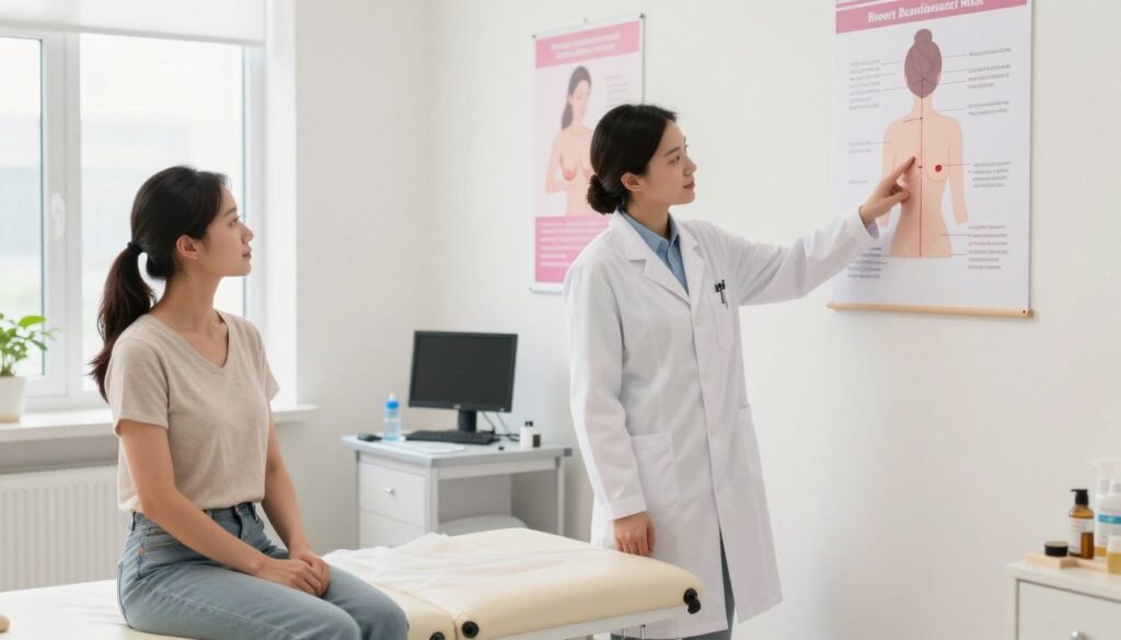 A healthcare professional in a bright, modern diagnostic room, demonstrating how to prepare for a breast examination. In the foreground, a female patient wearing modest casual clothing listens attentively, with a look of reassurance. The professional, dressed in a white lab coat, points to an educational chart on the wall that illustrates the breast examination procedure. In the middle, a medical examination table is visible, equipped with necessary tools and a comfortable drape for the patient. The background features medical posters about breast health and a gentle, calming color scheme throughout the space, with natural light streaming in through a window, creating a soothing atmosphere. The scene conveys an environment of professionalism, care, and support.