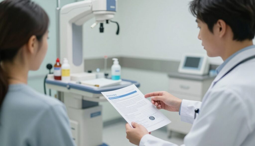 A healthcare professional in a modern clinic setting, discussing preparation steps for an esophageal X-ray with a patient. In the foreground, the doctor, dressed in professional medical attire, gestures towards a pamphlet detailing the procedure. In the middle, a clear and organized examination room environment with medical equipment, such as an X-ray machine and contrast solution bottles. The background should include soothing, soft lighting, highlighting the professionalism and comfort of the space, creating a calm atmosphere. The scene emphasizes clarity and trust in a medical setting, with no signs of anxiety or distress. The overall mood is informative and reassuring, conveying knowledge and care in patient preparation for the examination. A healthcare professional in a modern clinic setting, discussing preparation steps for an esophageal X-ray with a patient. In the foreground, the doctor, dressed in professional medical attire, gestures towards a pamphlet detailing the procedure. In the middle, a clear and organized examination room environment with medical equipment, such as an X-ray machine and contrast solution bottles. The background should include soothing, soft lighting, highlighting the professionalism and comfort of the space, creating a calm atmosphere. The scene emphasizes clarity and trust in a medical setting, with no signs of anxiety or distress. The overall mood is informative and reassuring, conveying knowledge and care in patient preparation for the examination.