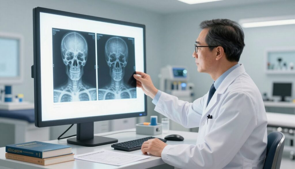 A high-quality digital illustration depicting an expert radiologist analyzing a skull X-ray in a modern medical environment. In the foreground, a focused middle-aged radiologist, dressed in a white lab coat, is standing next to a large lightbox displaying the skull X-ray, which clearly exhibits detailed bone structures and potential anomalies. The middle ground features a cluttered desk with medical charts, a computer, and reference books about radiography. In the background is a well-lit, sterile examination room with medical equipment. Soft, warm lighting enhances the atmosphere, creating a professional yet approachable mood, ideal for conveying the interpretation of medical results. The composition emphasizes clarity and detail in the image without any text or distractions. A high-quality digital illustration depicting an expert radiologist analyzing a skull X-ray in a modern medical environment. In the foreground, a focused middle-aged radiologist, dressed in a white lab coat, is standing next to a large lightbox displaying the skull X-ray, which clearly exhibits detailed bone structures and potential anomalies. The middle ground features a cluttered desk with medical charts, a computer, and reference books about radiography. In the background is a well-lit, sterile examination room with medical equipment. Soft, warm lighting enhances the atmosphere, creating a professional yet approachable mood, ideal for conveying the interpretation of medical results. The composition emphasizes clarity and detail in the image without any text or distractions.