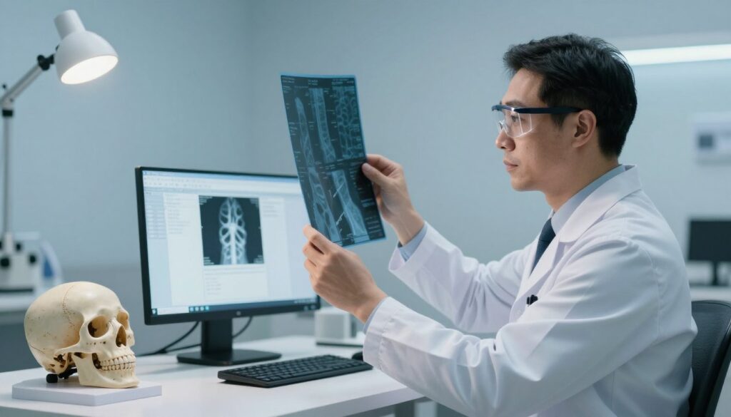 A high-quality medical image focusing on a professional radiologist examining an X-ray of a nasal structure in an office setting. In the foreground, the radiologist, dressed in a white lab coat and safety glasses, holds a transparent viewer up to the light, intently studying the X-ray film. The middle ground features a well-organized work desk with a computer displaying medical imaging software, alongside anatomical models of the human skull, enhancing the clinical ambiance. In the background, soft lighting creates a calm and sterile atmosphere in the radiology room, with pale blue walls and focused spotlights illuminating the workspace. The overall mood is serious and professional, reflecting the precision and care involved in medical imaging procedures. A high-quality medical image focusing on a professional radiologist examining an X-ray of a nasal structure in an office setting. In the foreground, the radiologist, dressed in a white lab coat and safety glasses, holds a transparent viewer up to the light, intently studying the X-ray film. The middle ground features a well-organized work desk with a computer displaying medical imaging software, alongside anatomical models of the human skull, enhancing the clinical ambiance. In the background, soft lighting creates a calm and sterile atmosphere in the radiology room, with pale blue walls and focused spotlights illuminating the workspace. The overall mood is serious and professional, reflecting the precision and care involved in medical imaging procedures.