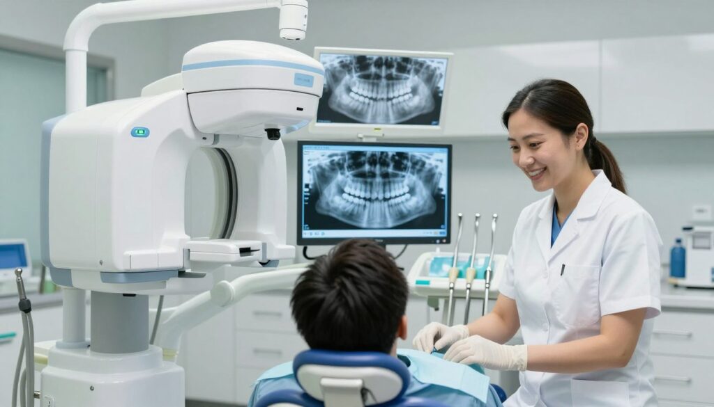 A highly detailed and educational dental examination scene showcasing a range of advanced imaging techniques for oral health. In the foreground, a well-lit dental office with a modern X-ray machine and a smiling dental professional in professional attire, gently guiding a patient who is seated comfortably in a dental chair. The middle ground features digital displays showcasing images of dental scans, including panoramic and bitewing X-rays, illustrating the necessary diagnostic information. The background presents a clean and organized dental environment, with dental tools neatly arranged and a calming color palette that conveys professionalism and care. The lighting is bright and clinical, enhancing clarity and focus on the subject matter. The atmosphere is supportive and reassuring, emphasizing the importance of dental imaging for optimal oral health care.