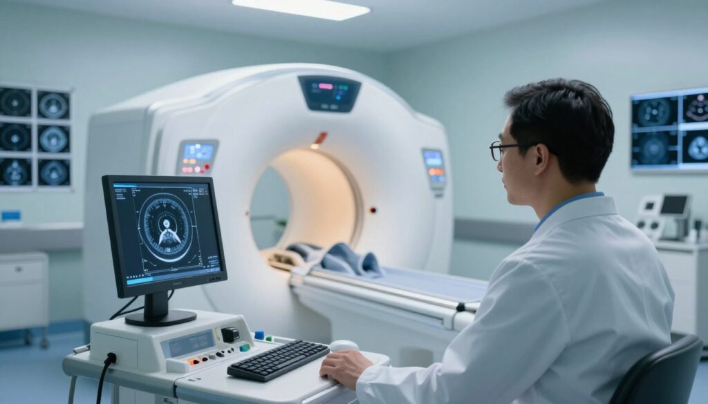 A highly detailed medical imaging scene showcasing an MRI machine in a modern hospital. In the foreground, a medical professional in a white coat, wearing glasses, is attentively observing an MRI scan displayed on a computer screen, the screen glowing softly in a warm light. In the middle ground, the MRI machine is sleek and contemporary, surrounded by medical equipment and an array of diagnostic images pinned to the wall. The background features soft, ambient lighting that creates a calm and professional atmosphere, with clean lines and minimal distractions. The color palette is soothing, utilizing blues and whites, reflecting a high-tech and advanced diagnostic environment. The angle captures the essence of a sophisticated medical evaluation room, emphasizing innovation in healthcare technology.