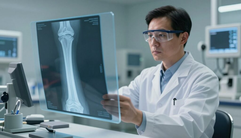 A highly detailed radiological imaging scene showcasing a digital display of a bone X-ray examination. In the foreground, a translucent screen displays a clear and illuminated X-ray of a human femur highlighting bone density and structural integrity, juxtaposed against a light gray background. The middle ground features a medical professional, dressed in a crisp white lab coat and safety goggles, analyzing the X-ray with a focused expression. A soft, clinical lighting enhances the clarity of the X-ray while casting subtle shadows to emphasize the contours of the bone. In the background, a medical lab filled with high-tech imaging equipment and surgical tools creates a sterile, professional atmosphere, underscoring the subject of bone radiology. The overall mood is informative and clinical, perfect for an educational context on reading radiological descriptions. A highly detailed radiological imaging scene showcasing a digital display of a bone X-ray examination. In the foreground, a translucent screen displays a clear and illuminated X-ray of a human femur highlighting bone density and structural integrity, juxtaposed against a light gray background. The middle ground features a medical professional, dressed in a crisp white lab coat and safety goggles, analyzing the X-ray with a focused expression. A soft, clinical lighting enhances the clarity of the X-ray while casting subtle shadows to emphasize the contours of the bone. In the background, a medical lab filled with high-tech imaging equipment and surgical tools creates a sterile, professional atmosphere, underscoring the subject of bone radiology. The overall mood is informative and clinical, perfect for an educational context on reading radiological descriptions.
