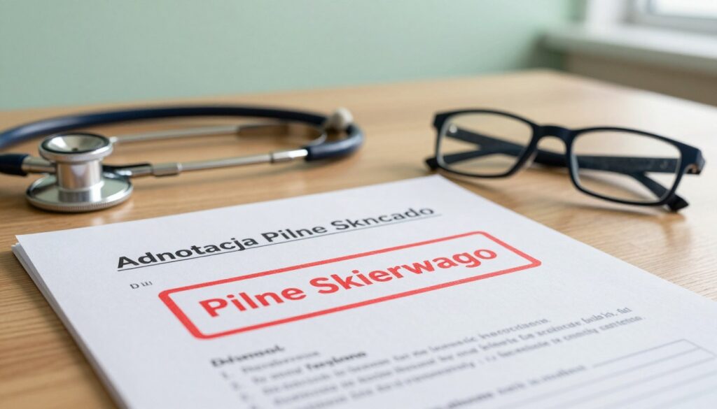 A medical document titled "Adnotacja Pilne Skierowanie" prominently displayed in the foreground on a wooden desk, illuminated by soft, warm lighting. The document has a bold red stamp indicating urgency, visually signifying its importance. In the middle ground, a stethoscope and a pair of reading glasses rest beside the document, symbolizing the medical context. In the background, a blurred hospital setting with light green walls creates a calming atmosphere, hinting at a medical environment. The overall mood is serious yet informative, focusing on the necessity of urgent referrals in healthcare. The image should evoke a sense of professionalism, with no people present.
