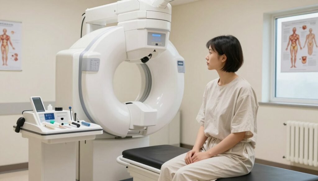 A medical examination room designed for pelvic X-rays. In the foreground, a patient dressed in comfortable, modest hospital attire sits on an examination table, looking calm and prepared. The middle ground features a state-of-the-art X-ray machine with clear, professional lighting illuminating the scene, highlighting the medical instruments neatly arranged on a nearby table. The background shows soft, neutral-toned walls with anatomical posters and a window letting in natural light, creating a serene atmosphere. The camera angle is slightly raised to capture both the patient and the equipment, emphasizing the clinical yet welcoming environment. The overall mood conveys a sense of professionalism and reassurance, suitable for informing readers about the preparation steps for a pelvic X-ray. A medical examination room designed for pelvic X-rays. In the foreground, a patient dressed in comfortable, modest hospital attire sits on an examination table, looking calm and prepared. The middle ground features a state-of-the-art X-ray machine with clear, professional lighting illuminating the scene, highlighting the medical instruments neatly arranged on a nearby table. The background shows soft, neutral-toned walls with anatomical posters and a window letting in natural light, creating a serene atmosphere. The camera angle is slightly raised to capture both the patient and the equipment, emphasizing the clinical yet welcoming environment. The overall mood conveys a sense of professionalism and reassurance, suitable for informing readers about the preparation steps for a pelvic X-ray.