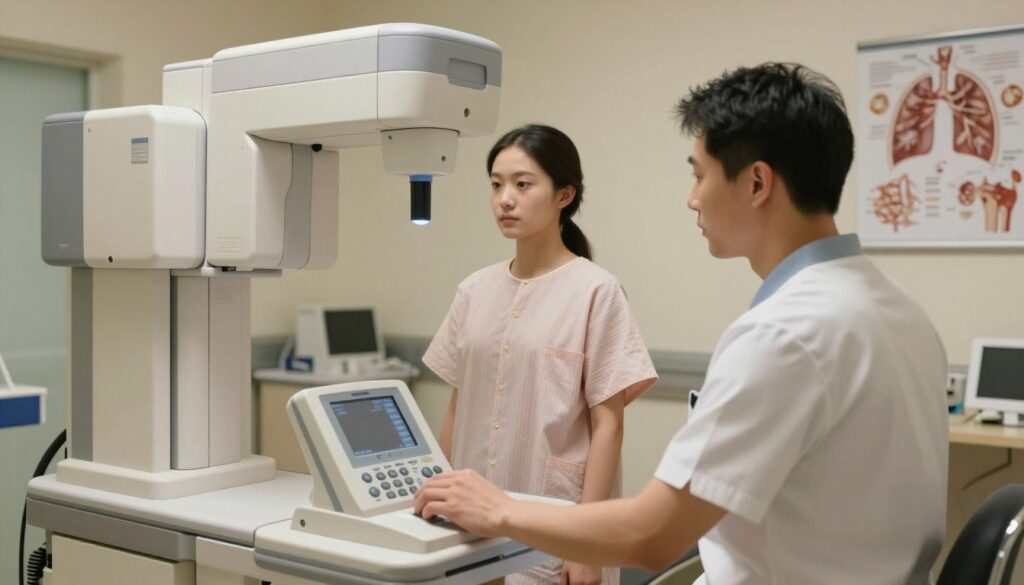 A medical examination room featuring a chest X-ray machine in action. In the foreground, a radiology technician, dressed in a professional medical uniform, adjusts the settings on the X-ray machine. The middle ground includes a patient in a modest hospital gown standing in front of the machine, positioned correctly for the procedure. The background displays sleek medical equipment, ambient lighting that creates a sterile but welcoming atmosphere, and walls adorned with anatomical charts of the respiratory system. The image captures the moment before the exposure, emphasizing focus and professionalism, with warm and neutral tones to evoke a sense of care and seriousness about medical examinations. A medical examination room featuring a chest X-ray machine in action. In the foreground, a radiology technician, dressed in a professional medical uniform, adjusts the settings on the X-ray machine. The middle ground includes a patient in a modest hospital gown standing in front of the machine, positioned correctly for the procedure. The background displays sleek medical equipment, ambient lighting that creates a sterile but welcoming atmosphere, and walls adorned with anatomical charts of the respiratory system. The image captures the moment before the exposure, emphasizing focus and professionalism, with warm and neutral tones to evoke a sense of care and seriousness about medical examinations.