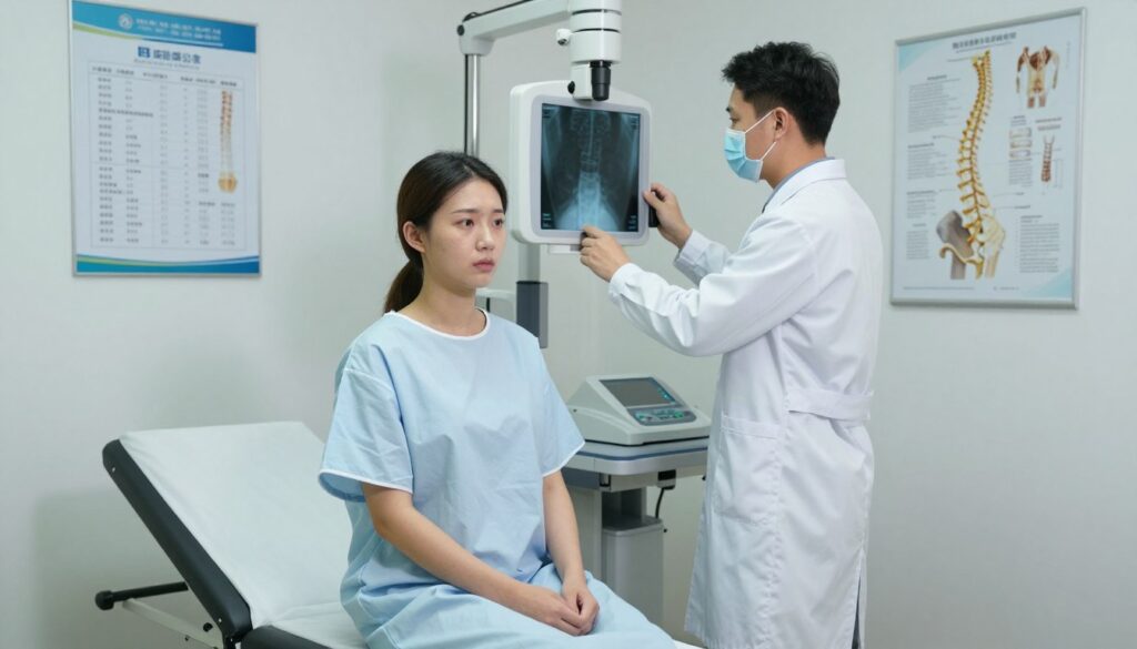 A medical examination room featuring a well-organized setup for cervical spine X-ray preparation. In the foreground, a patient, dressed in a modest hospital gown, sits calmly on an examination table, looking slightly anxious yet composed. In the middle ground, a medical professional in a white lab coat prepares the X-ray machine, ensuring all equipment is in place. The background displays a medical chart and anatomical posters of the cervical spine, providing context about the examination. Soft, ambient lighting creates a calm and sterile atmosphere, while the angle captures a clear view of both the patient and the medical equipment. The mood is professional and reassuring, emphasizing the care taken in the preparation process for the X-ray examination. A medical examination room featuring a well-organized setup for cervical spine X-ray preparation. In the foreground, a patient, dressed in a modest hospital gown, sits calmly on an examination table, looking slightly anxious yet composed. In the middle ground, a medical professional in a white lab coat prepares the X-ray machine, ensuring all equipment is in place. The background displays a medical chart and anatomical posters of the cervical spine, providing context about the examination. Soft, ambient lighting creates a calm and sterile atmosphere, while the angle captures a clear view of both the patient and the medical equipment. The mood is professional and reassuring, emphasizing the care taken in the preparation process for the X-ray examination.