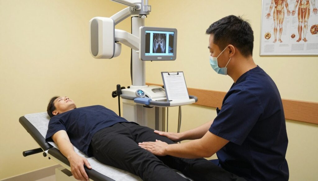 A medical examination room focused on hip x-rays preparation. In the foreground, a healthcare professional in scrubs demonstrates proper positioning for a hip x-ray, ensuring the patient is comfortable on the examination table. The middle ground features a digital x-ray machine with clear controls, and a clipboard displaying instructions on hip preparation. In the background, the room is well-lit with soft, warm lighting, creating an inviting atmosphere; walls are painted in calming colors with anatomical posters displayed. The scene captures a sense of professionalism and care, emphasizing the importance of preparation for a successful hip examination. The camera angle is slightly elevated, showcasing a panoramic view of the room.