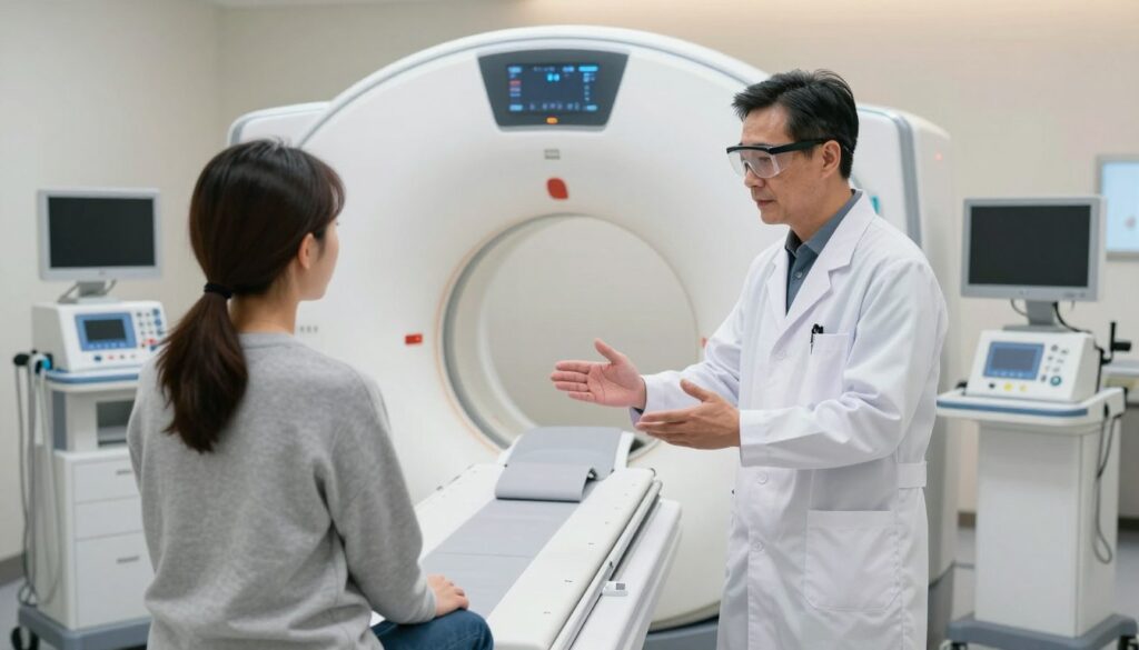 A medical professional, dressed in a white coat and safety goggles, stands in a modern MRI imaging room. In the foreground, the doctor explains the procedure to a patient seated on an examination table, displaying a calm and reassuring demeanor. The middle of the image features an open MRI machine, surrounded by advanced medical equipment and monitors, emphasizing the diagnostic process. In the background, soft, diffused lighting creates an inviting atmosphere, highlighting the sterile, clinical environment. The focus is on the interaction between the doctor and patient, showcasing the moment before the imaging. The overall mood is professional and supportive, conveying the importance of additional imaging studies like MRI in diagnosing conditions such as sciatica. A medical professional, dressed in a white coat and safety goggles, stands in a modern MRI imaging room. In the foreground, the doctor explains the procedure to a patient seated on an examination table, displaying a calm and reassuring demeanor. The middle of the image features an open MRI machine, surrounded by advanced medical equipment and monitors, emphasizing the diagnostic process. In the background, soft, diffused lighting creates an inviting atmosphere, highlighting the sterile, clinical environment. The focus is on the interaction between the doctor and patient, showcasing the moment before the imaging. The overall mood is professional and supportive, conveying the importance of additional imaging studies like MRI in diagnosing conditions such as sciatica.