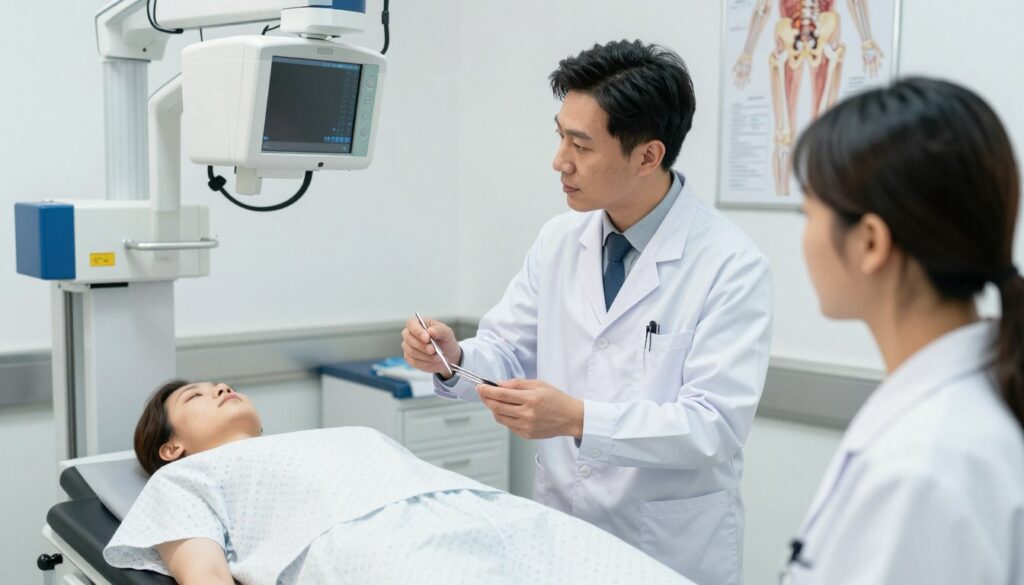 A medical professional preparing a patient for a hip joint X-ray examination in a well-lit hospital room. In the foreground, the doctor, wearing a crisp white coat and holding a set of medical tools, gently explains the procedure to a patient dressed in modest hospital attire. The middle of the image features an examination table with X-ray equipment nearby, showcasing a clear view of the apparatus. In the background, medical charts and a poster depicting the hip anatomy adorn the walls. The lighting is bright and clinical, emphasizing cleanliness and professionalism. The mood is reassuring and calm, reflecting the importance of patient care and preparation for the imaging process. A medical professional preparing a patient for a hip joint X-ray examination in a well-lit hospital room. In the foreground, the doctor, wearing a crisp white coat and holding a set of medical tools, gently explains the procedure to a patient dressed in modest hospital attire. The middle of the image features an examination table with X-ray equipment nearby, showcasing a clear view of the apparatus. In the background, medical charts and a poster depicting the hip anatomy adorn the walls. The lighting is bright and clinical, emphasizing cleanliness and professionalism. The mood is reassuring and calm, reflecting the importance of patient care and preparation for the imaging process.